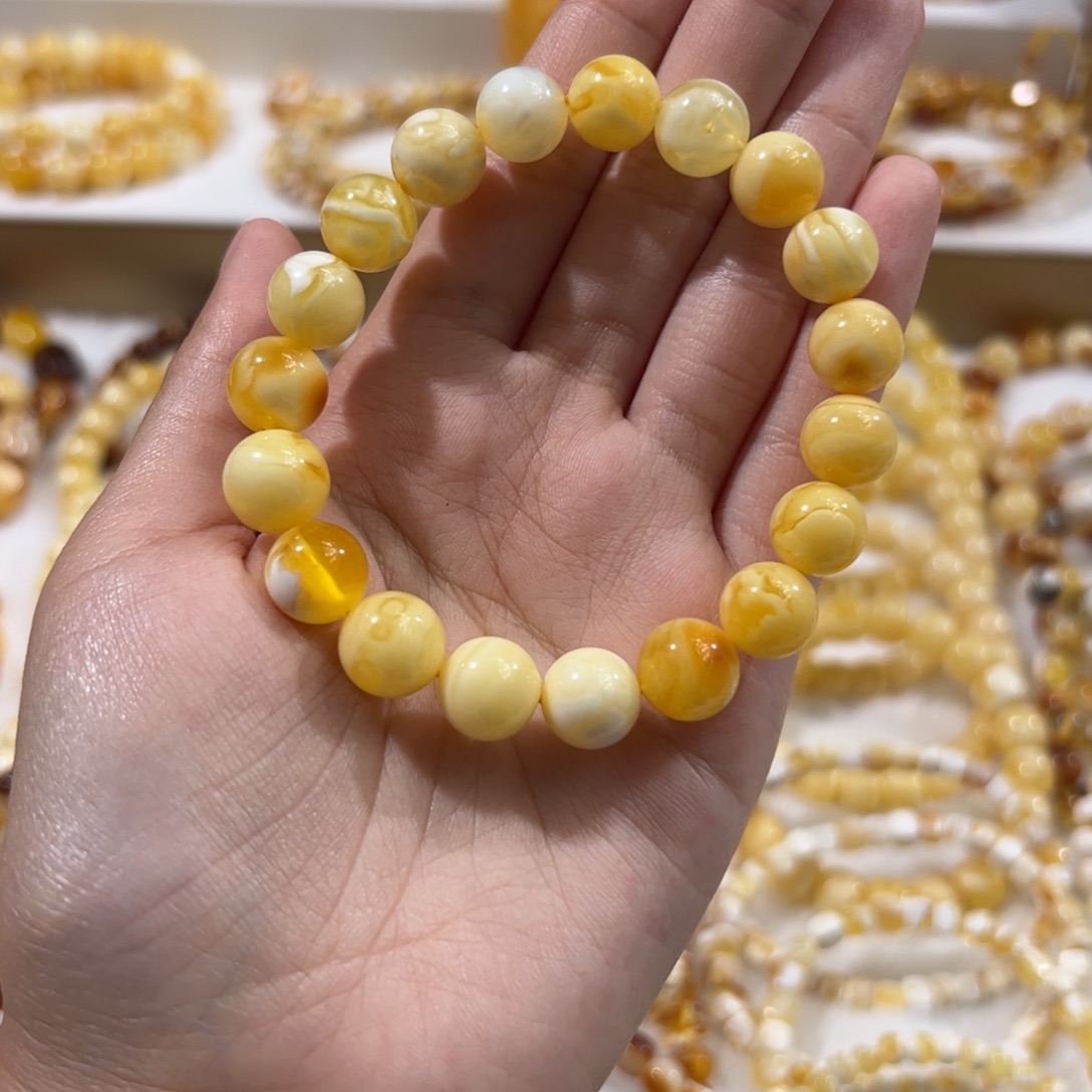 琥珀未镶嵌珠宝奇石浓蜡妖花圆珠手串