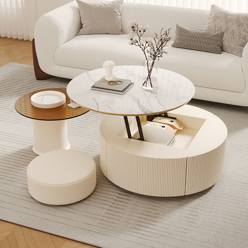 高级感可升降岩板茶几奶油风收纳储物家用客厅小户型圆形茶几组合