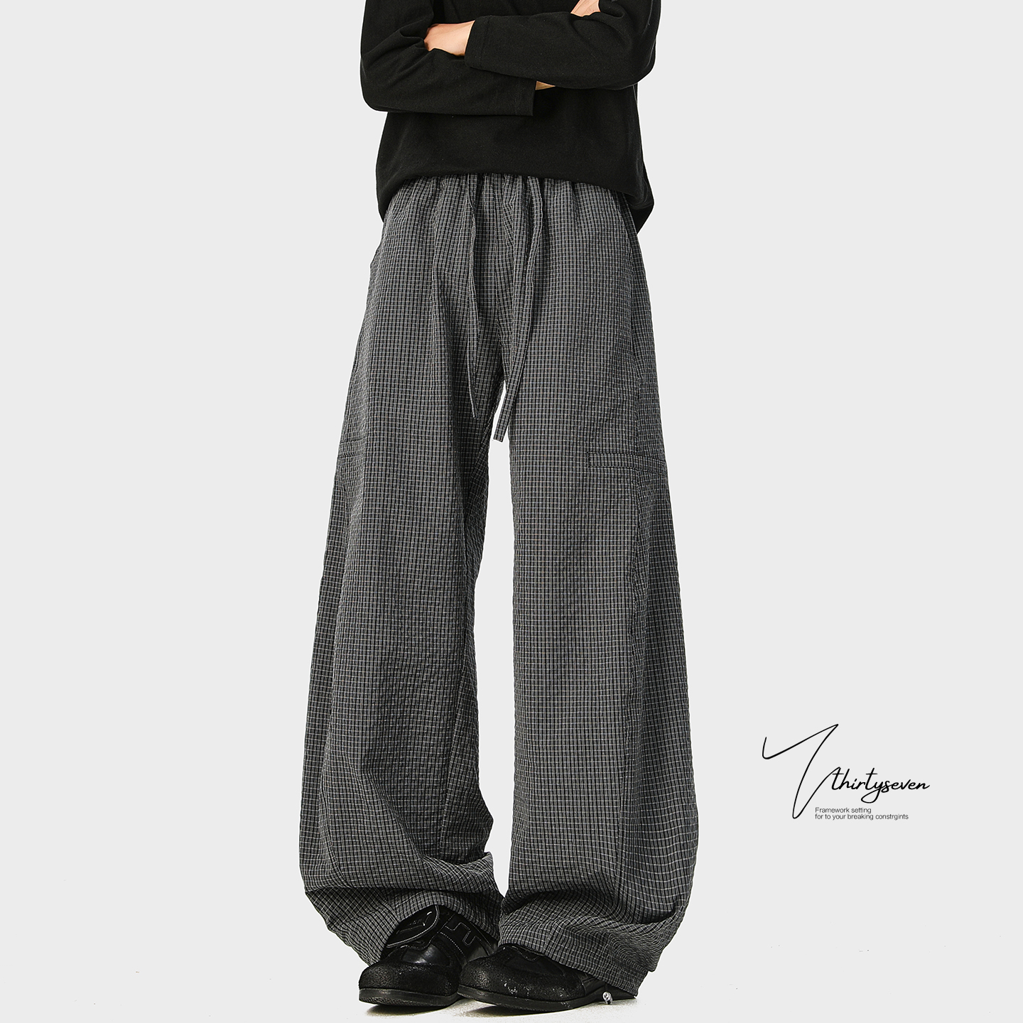 V37美式老风泡泡纱格子弯休闲裤男秋cleanfit垂感宽松阔腿裤