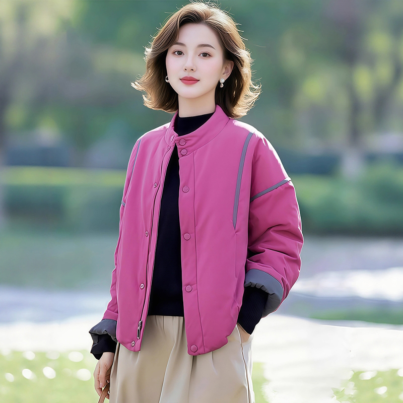 2025秋冬季时尚百搭休闲撞色气质拼接棉衣宽松立领韩版显瘦棉服女