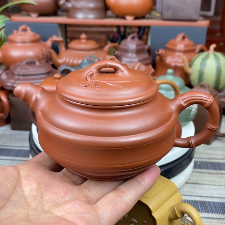 紫砂茶壶双线竹鼓260cc原矿黄龙山红皮龙紫砂