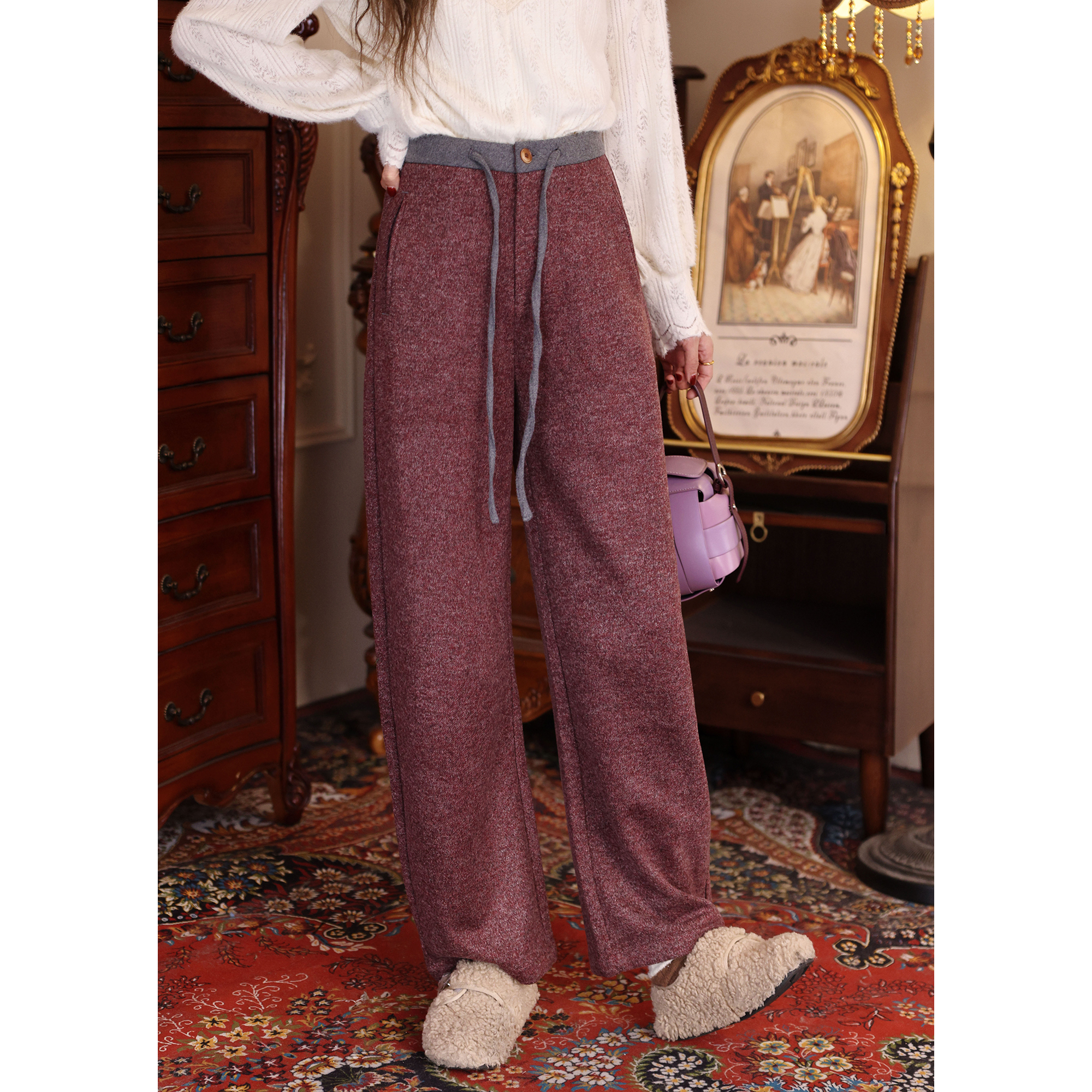 陈大器【榴花欲燃】港风复古毛呢纯色直筒休闲长裤高腰裤JA5468103