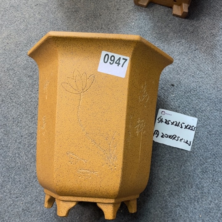 紫砂花盆 放漏 柴烧刻绘大宫灯六方 0947