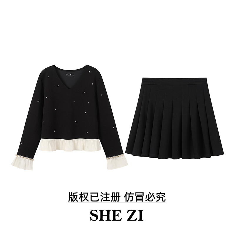 奢姿大码女装2025秋季时尚珍珠装饰撞色拼接设计上衣短裙两件套装
