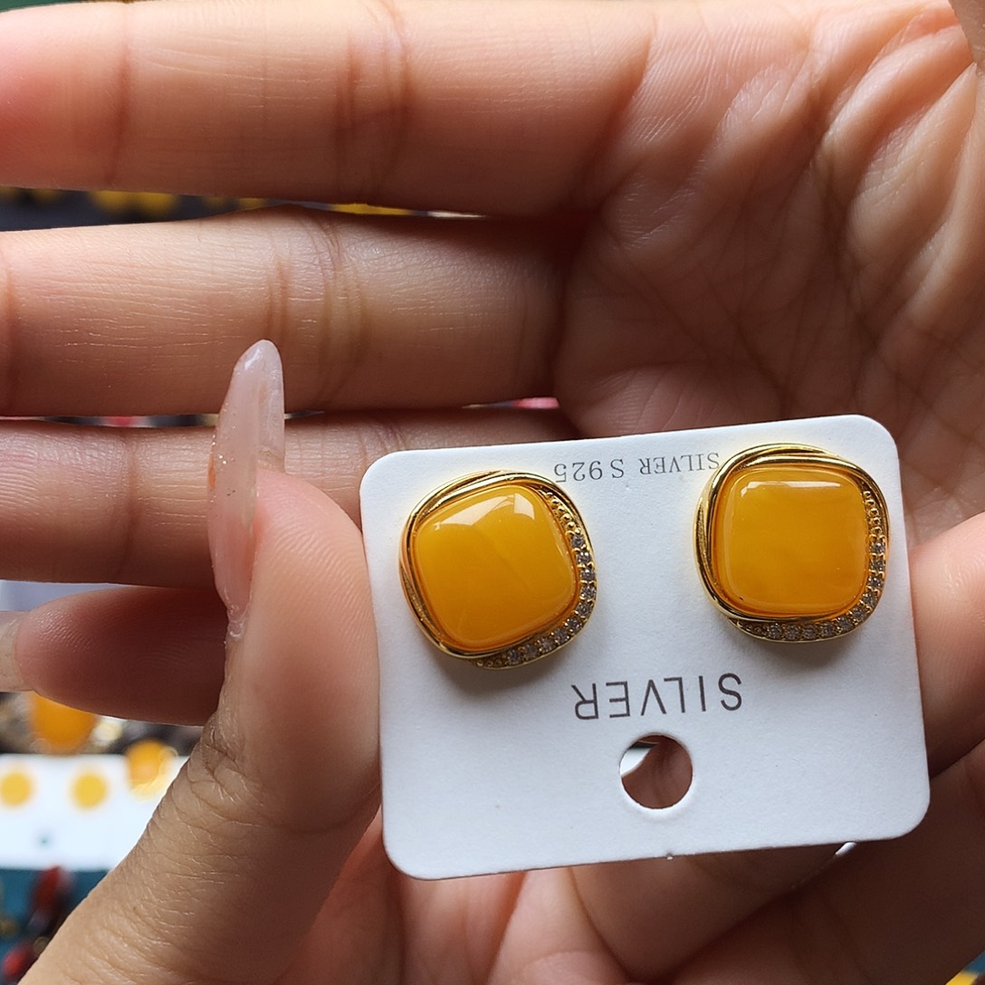 琥珀银S925镶嵌耳饰耳钉