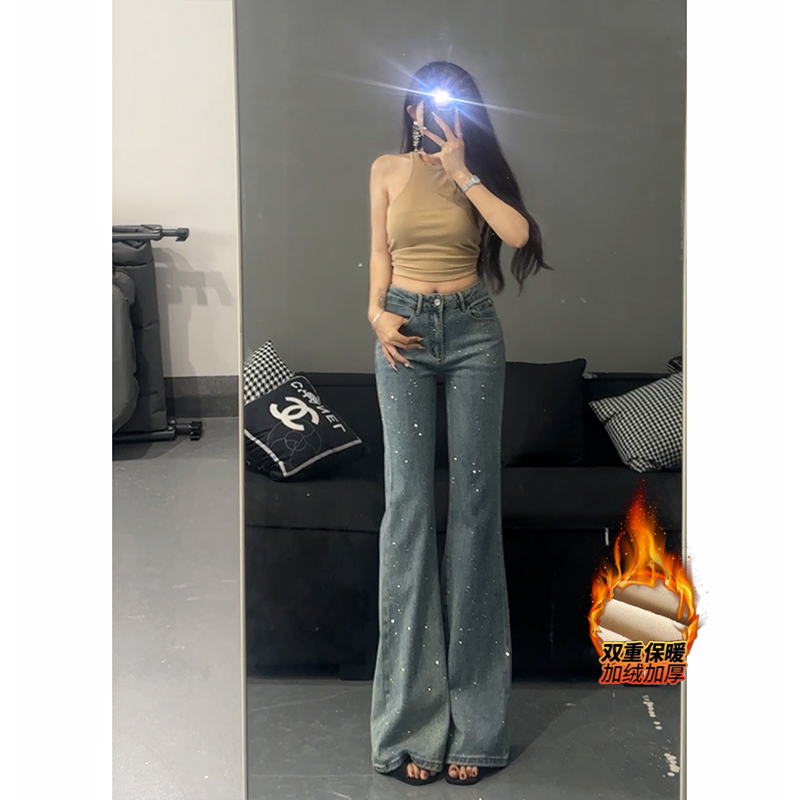 重工设计烫钻高腰微喇牛仔裤女2025冬季加绒新款不贴腿显瘦喇叭裤