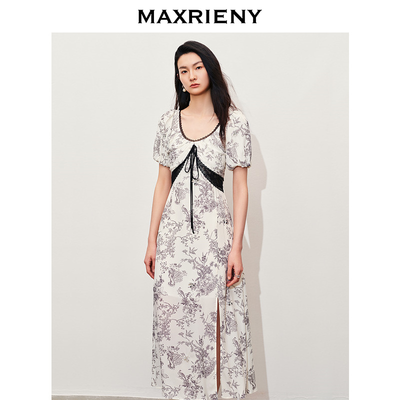 MAXRIENY【商场同款】国风手绘复古色蕾丝装饰连衣裙桑蚕丝裙子