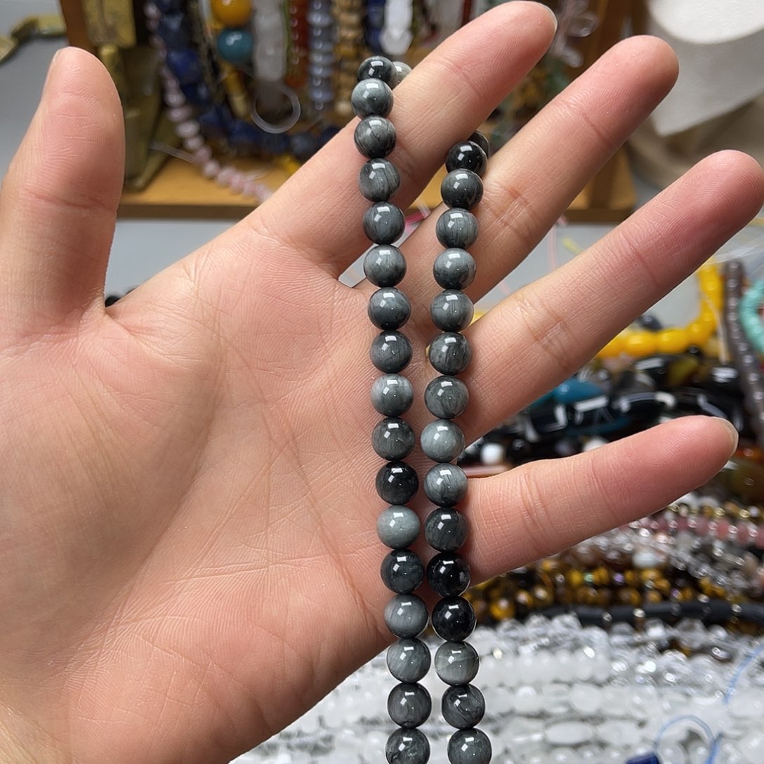 玛瑙/玉髓未镶嵌珠宝半成品卡8鹰眼石圆珠一条