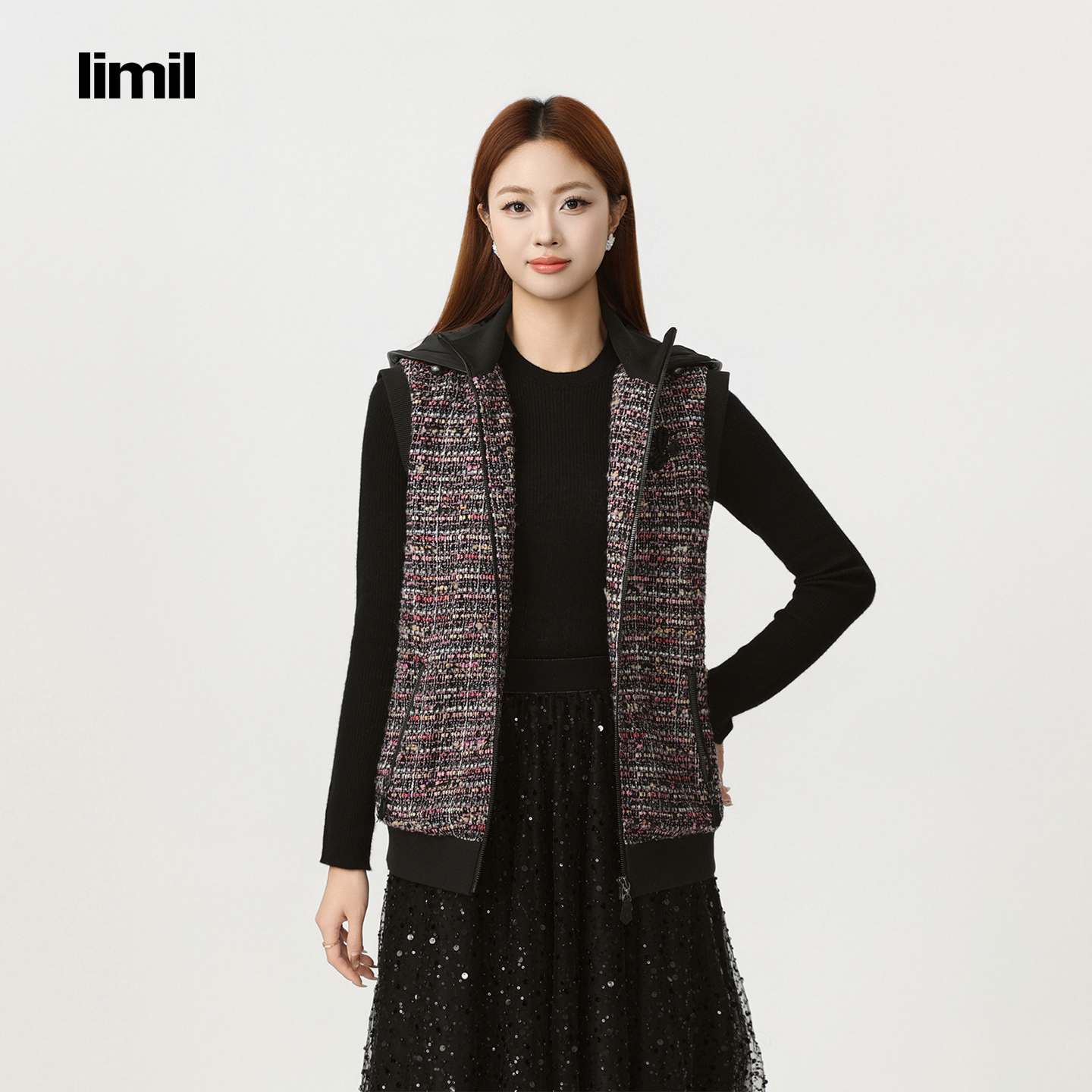 limil/丽米儿新款高级感时尚连帽小香风修身气质马甲外套940037