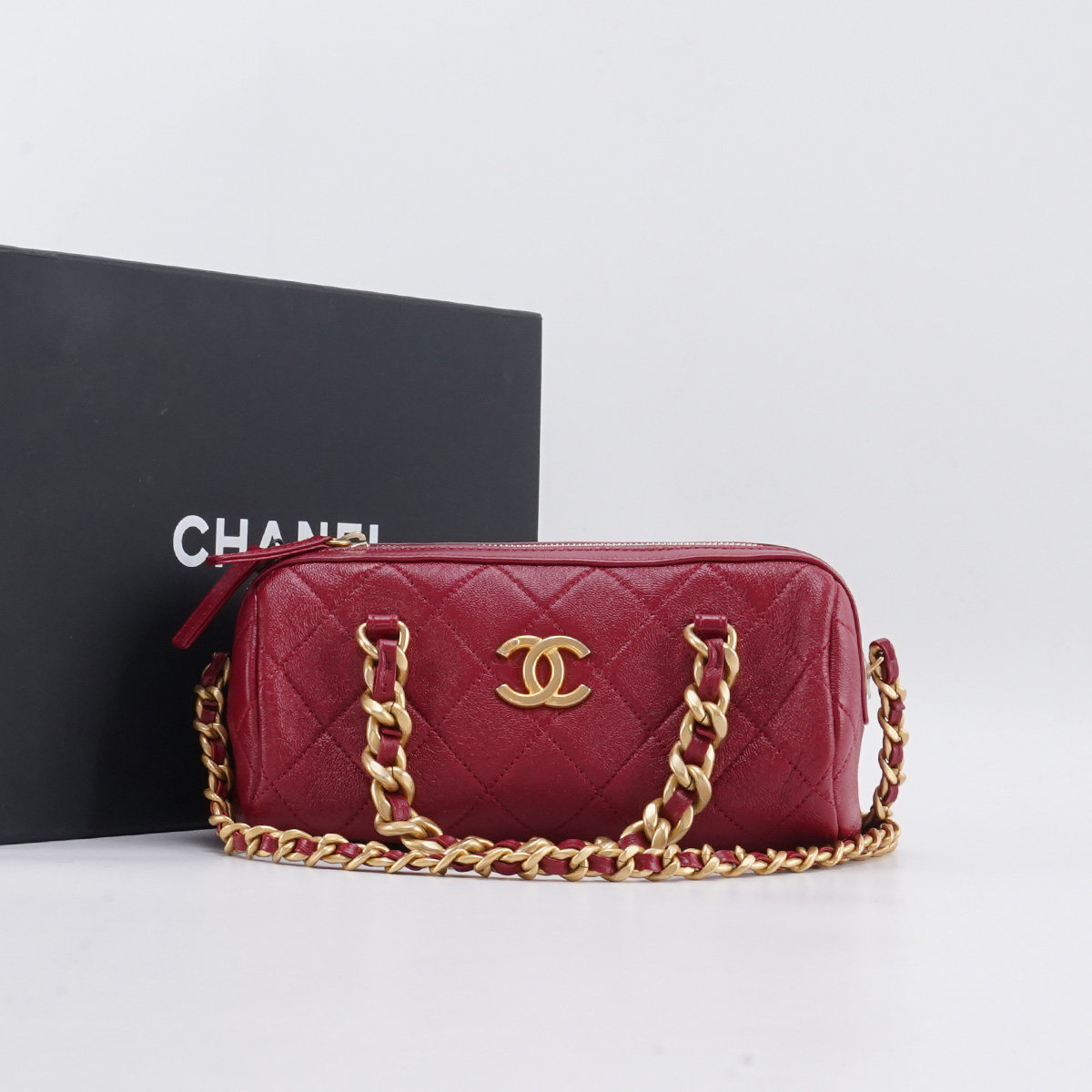 95新 Chanel/香奈儿 【总仓】巴比龙圆筒包红金 羊皮/BGK303800002