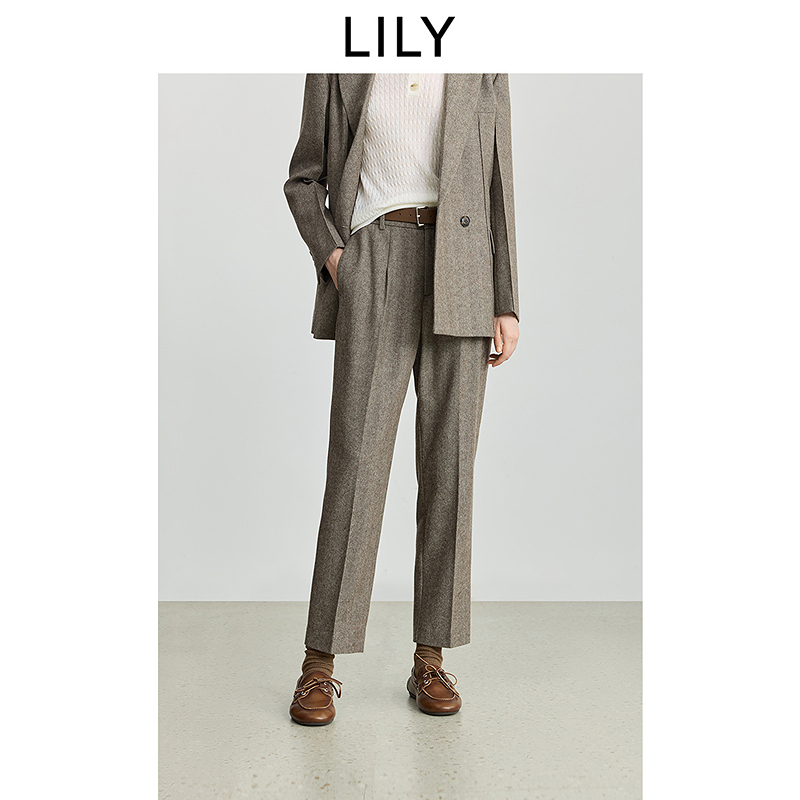 LILY2025冬新款羊毛混纺老钱风气质通勤锥形裤西裤女125429C5908