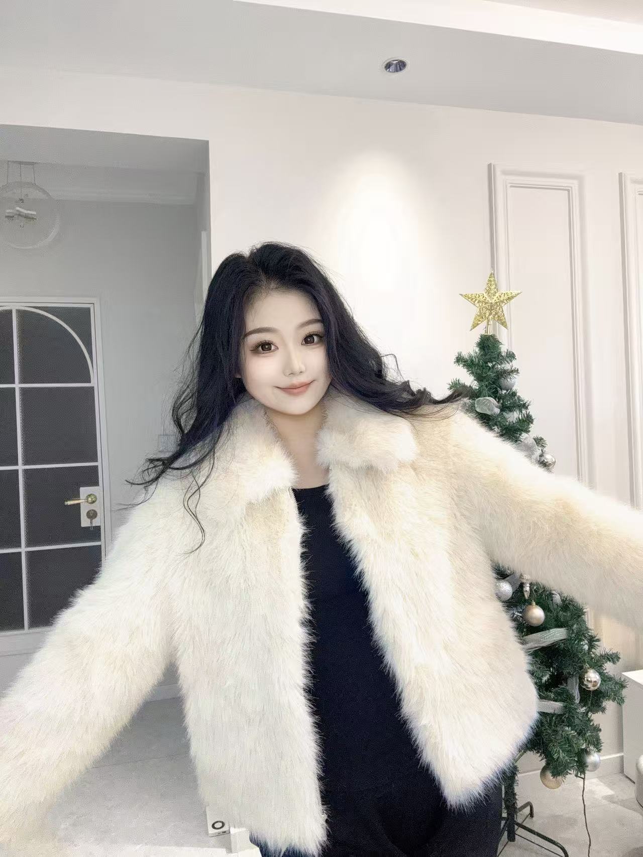 女口袋复古港风方领短款插肩袖少女风御姐风少女感毛毛外套网红