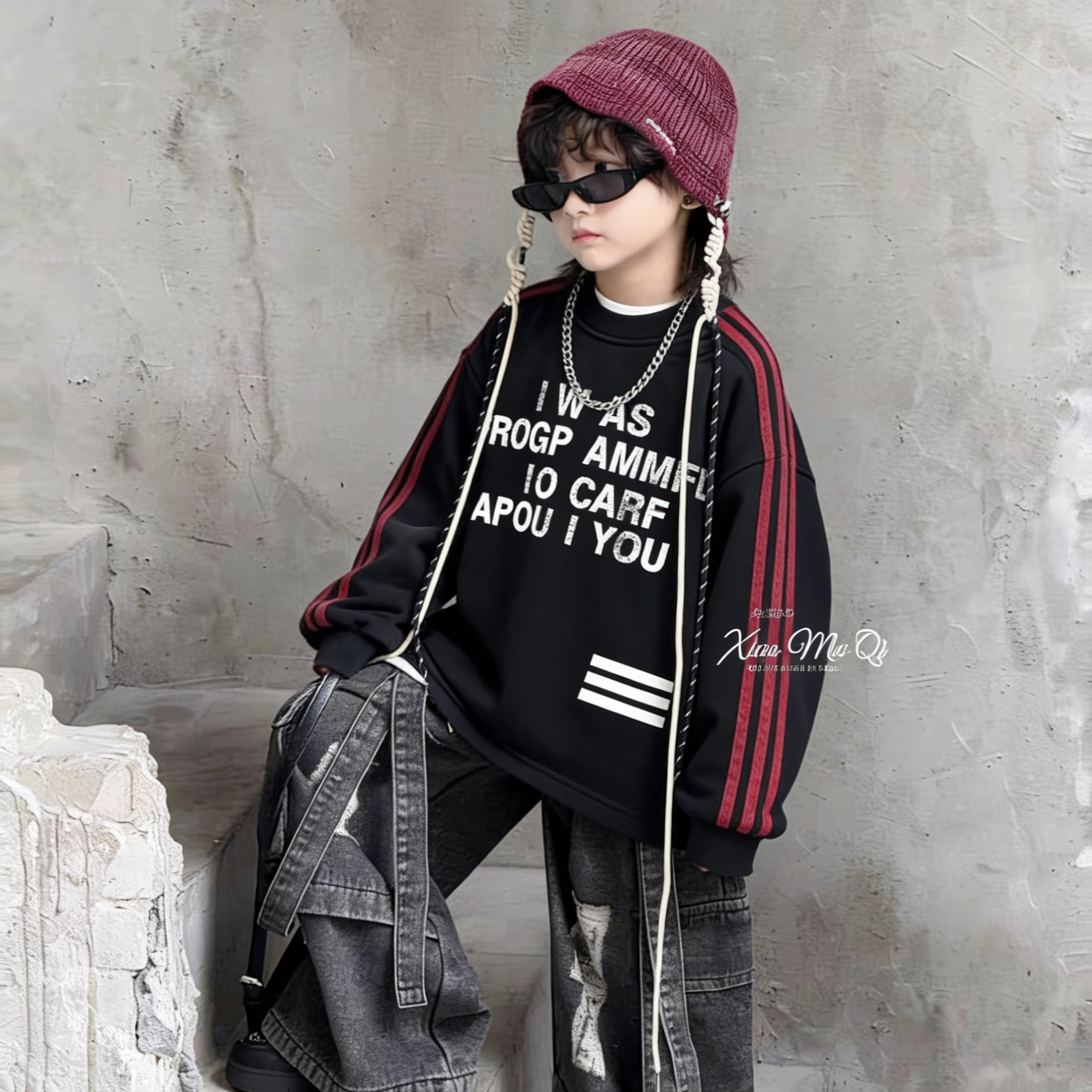 2025新款男童加绒美式高街三条杠卫衣宽松重磅纯棉潮牌上衣