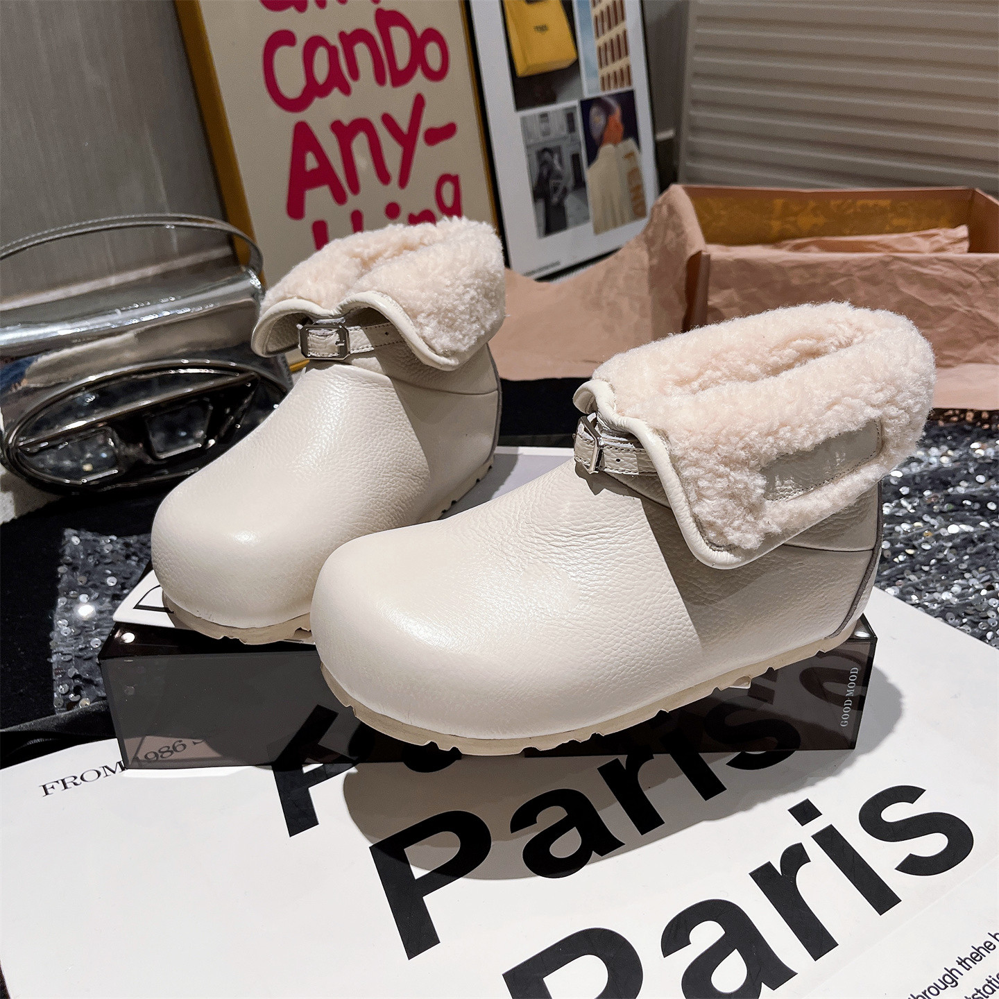 工厂直销欧货翻领两穿加绒保暖雪地靴短靴棉鞋毛毛鞋勃肯鞋面包鞋