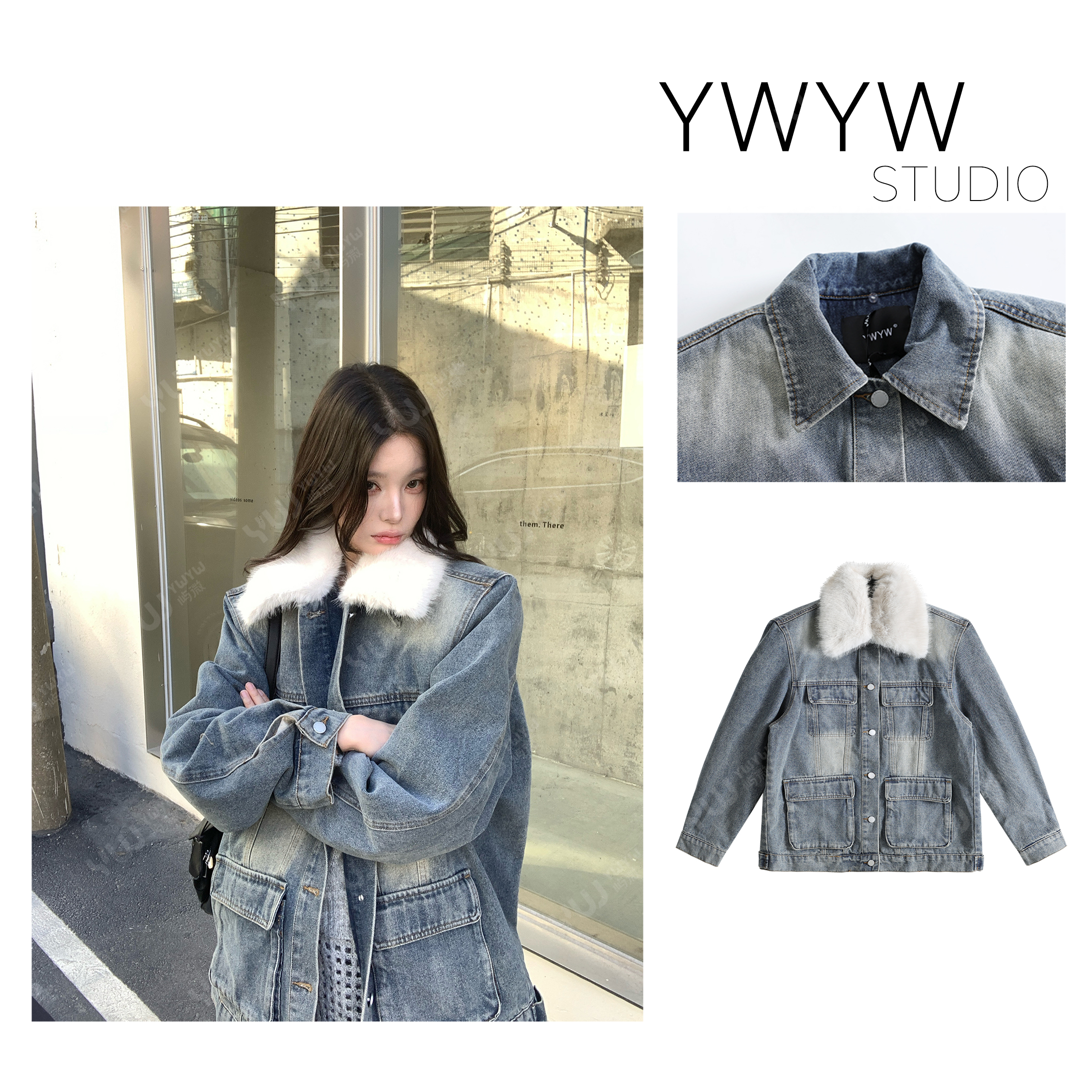 【YWYW25F/W】拆卸翻毛领百搭复古水洗宽松气质牛仔夹棉外套11328