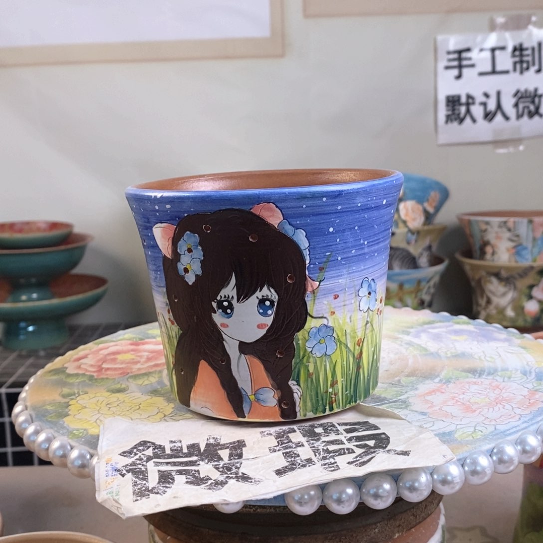 紫砂花盆红陶手绘花盆