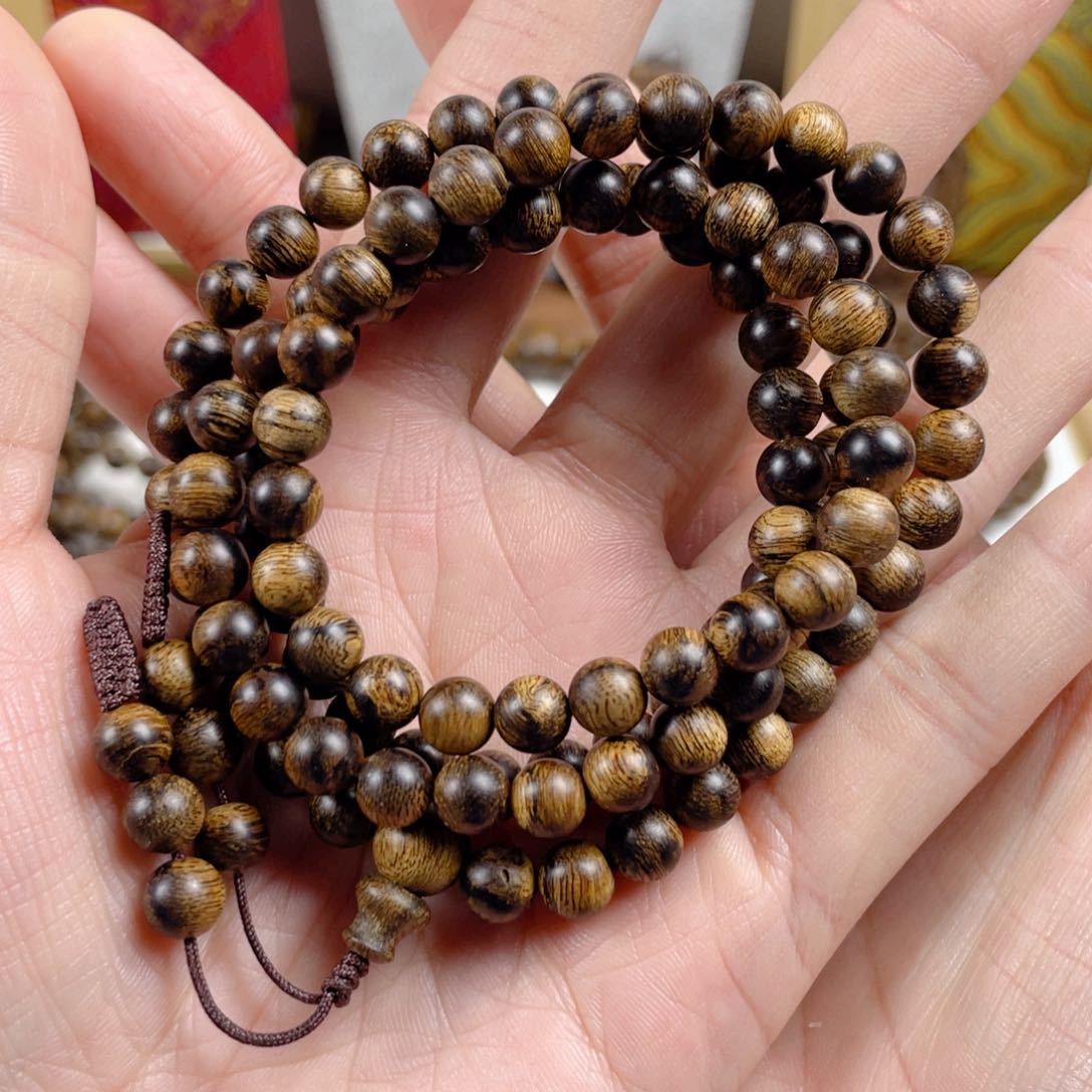 沉香手串健**福越南芽庄白棋老料满瘤疤虎斑纹0.6×108