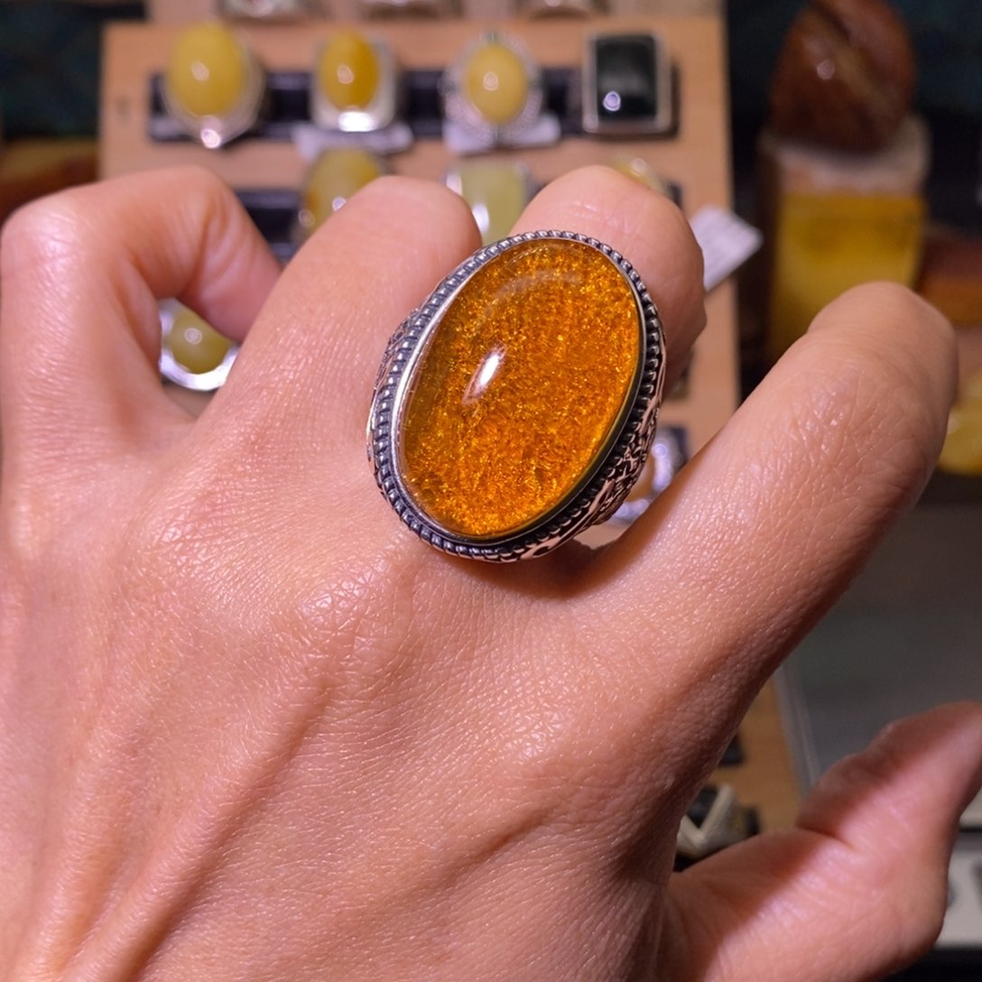 蜜蜡戒指银S925镶嵌故****意