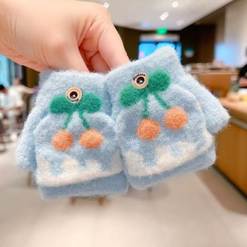 儿童手套秋冬季卡通水果翻盖手套露指户外防寒婴幼儿半指保暖手套