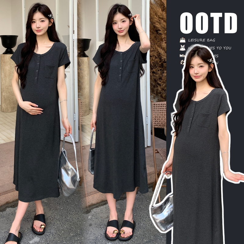 懒洋洋现货2025夏装新品韩版时尚宽松冰凉感简约中长孕妇连衣裙