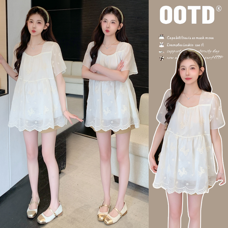 实拍2025新款宽松显瘦甜美减龄气质时尚孕妇娃娃衫上衣+短裤套装