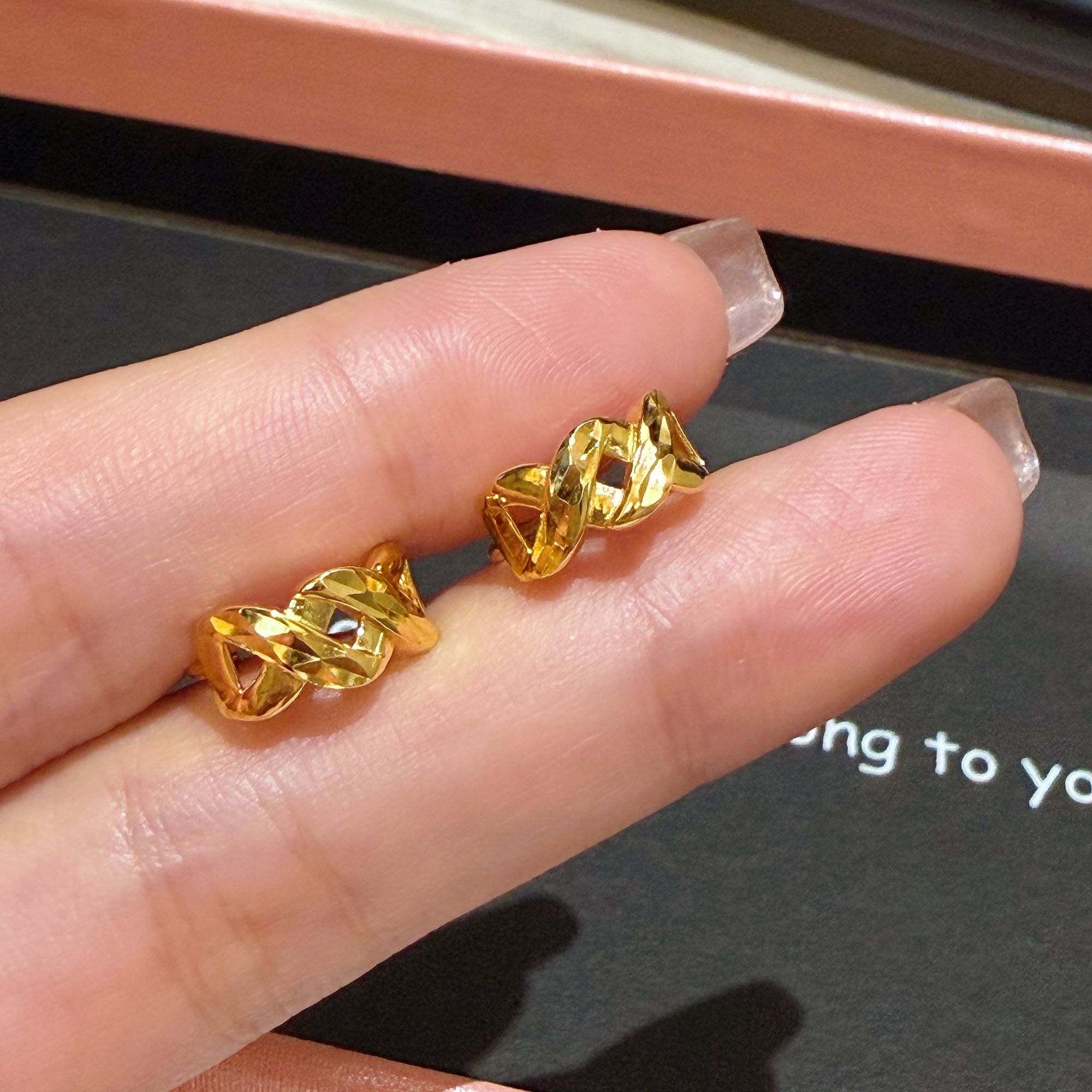 925银耳饰 耳环耳钉重工车花环环相扣女款金色气质耳扣X033