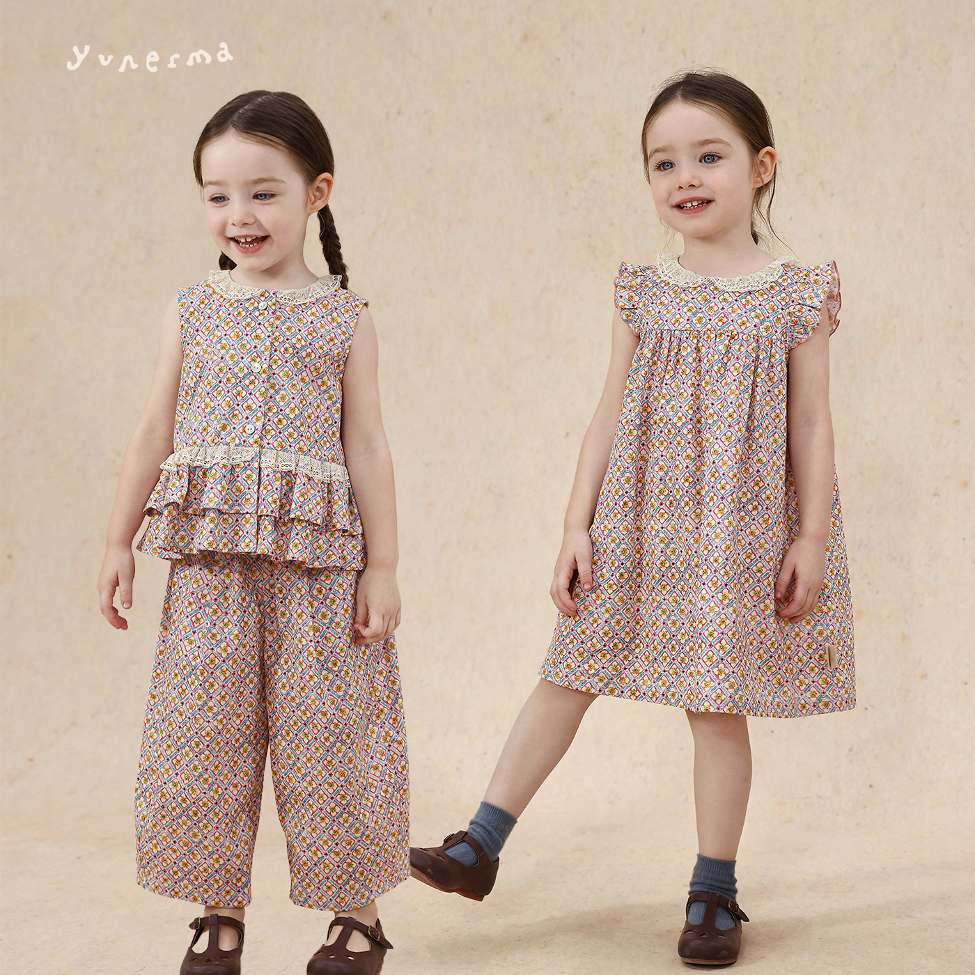 【姐妹款】小众碎花气质蕾丝花边领连衣裙+娃娃衫背心+防蚊裤套装