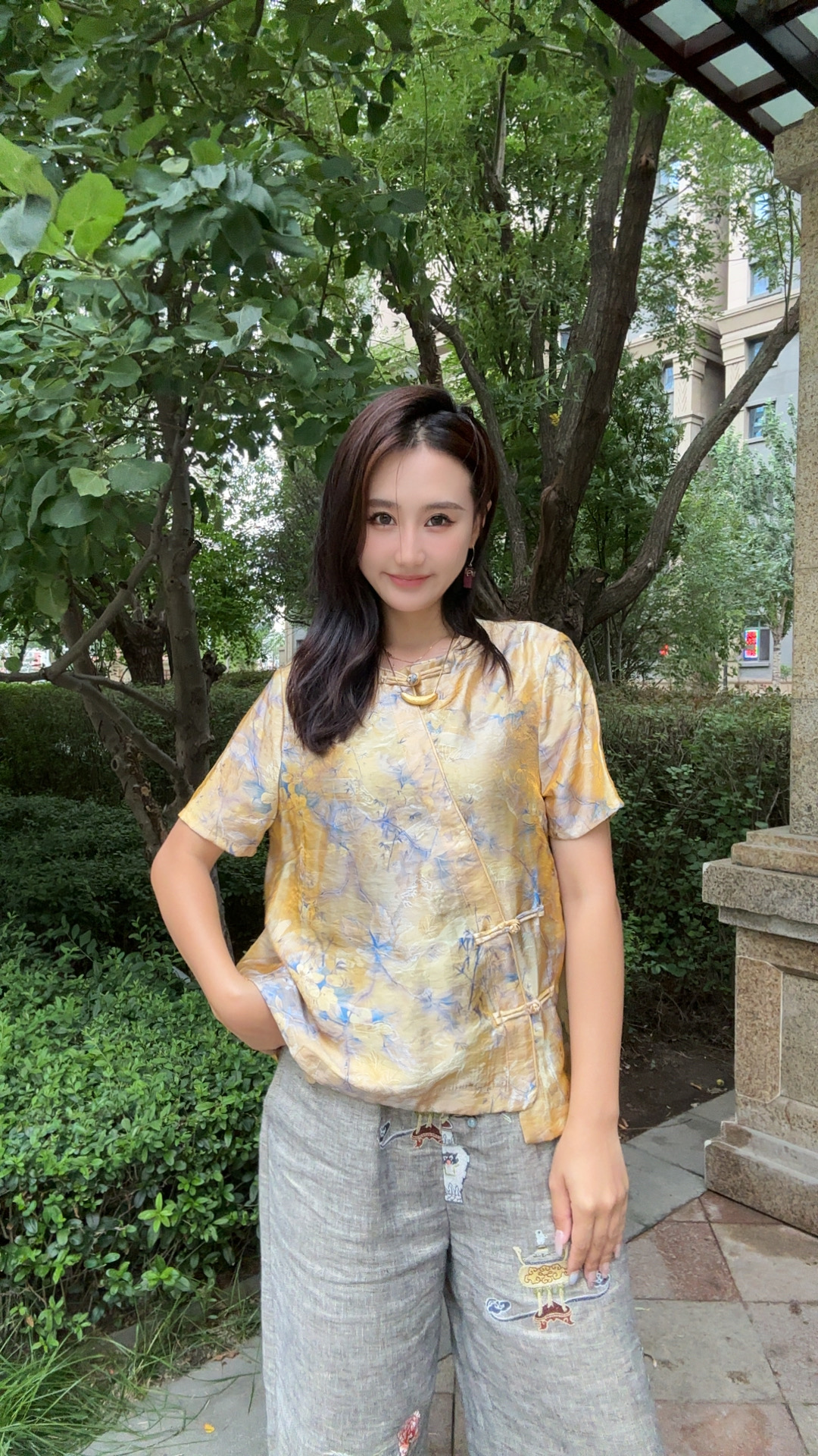 【米乐家】“竹影蝶踪”夏季新款新中式国风时尚女士短袖上衣16923-7