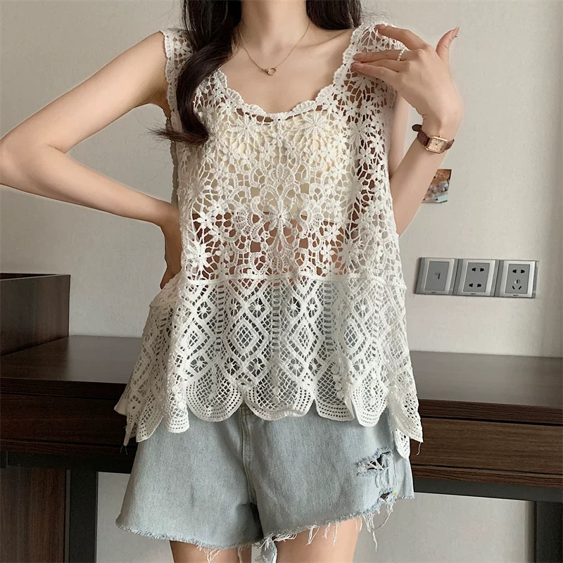 钩花镂空针织吊带背心女夏外穿2023新款宽松显瘦马甲坎肩无袖上衣