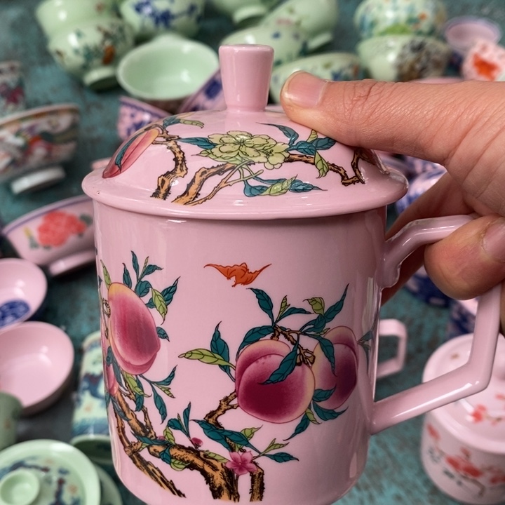 摆件陶红稀土寿桃直筒办公杯