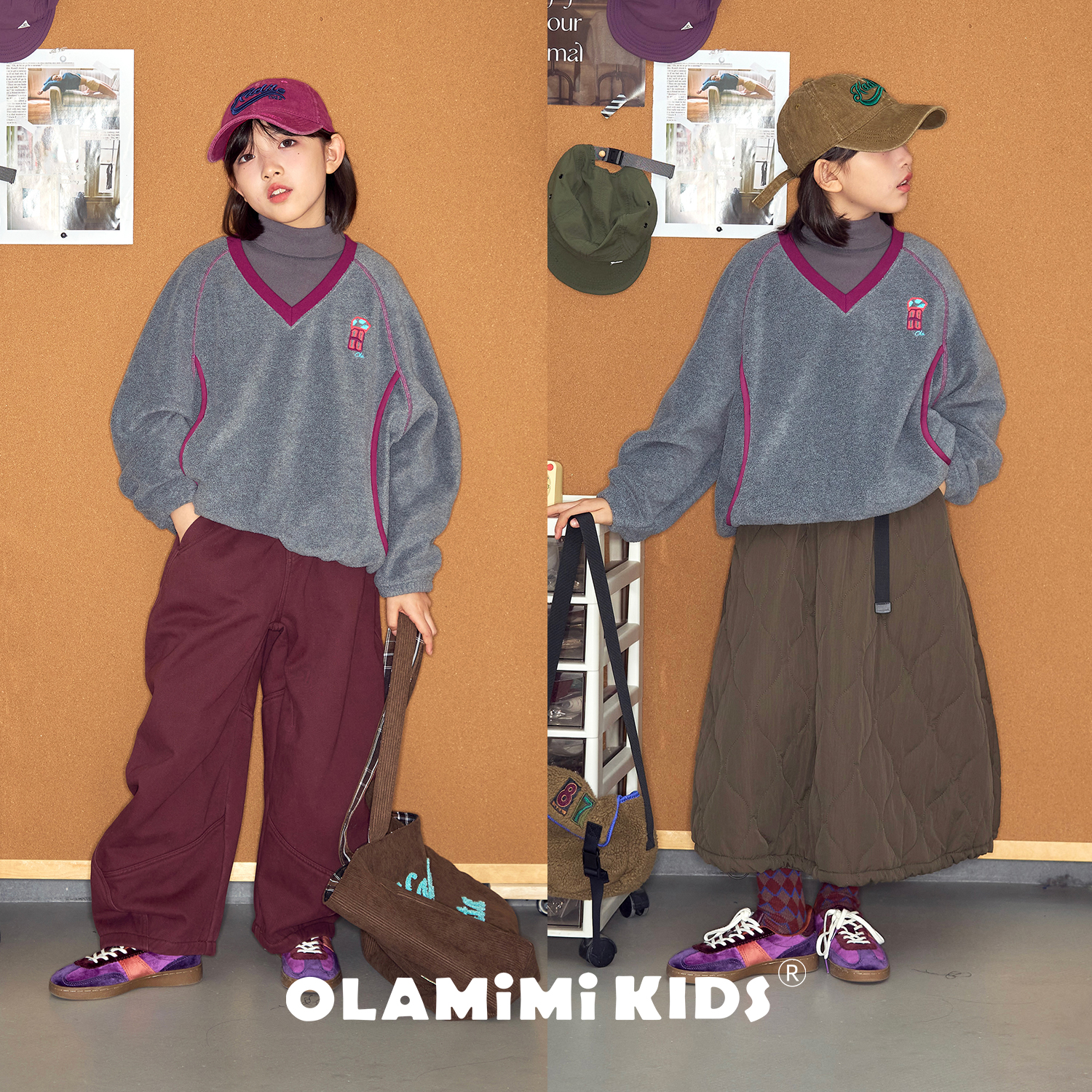 OLAMIMI儿童亲子2025冬灰紫撞色V领刺绣明线休闲加绒摇粒绒大卫衣