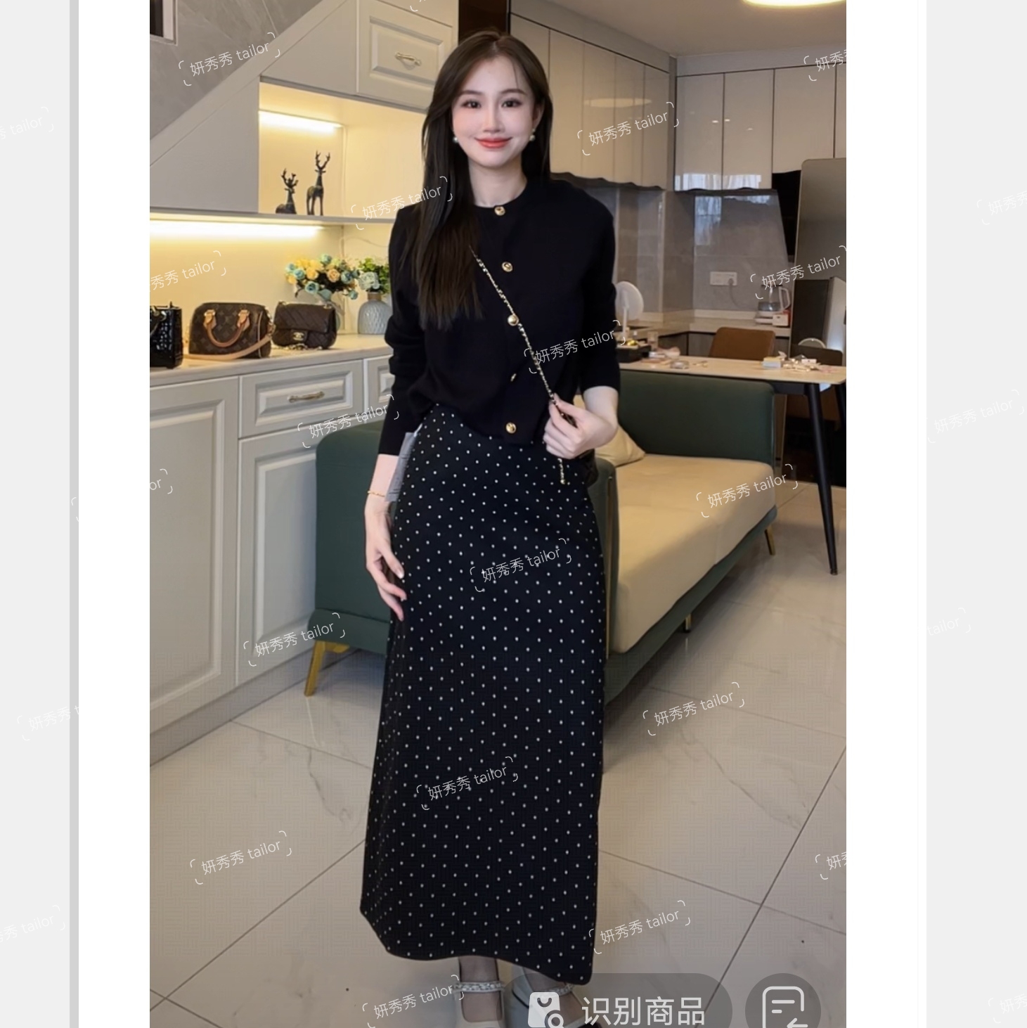 【黑/灰】时尚小香风套装开衫上衣2025新款+波点直筒半身裙两件套装