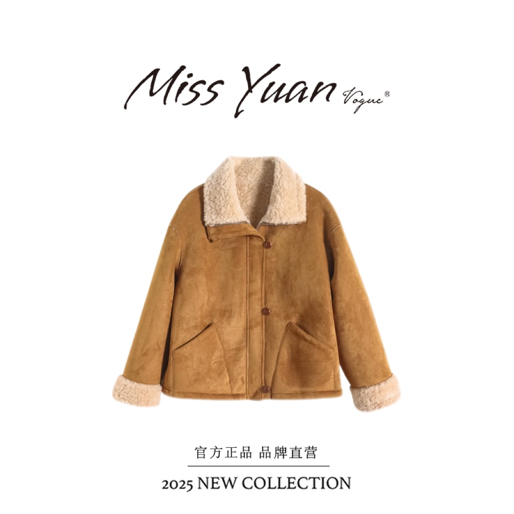 2025冬季新款100%羊毛翻领麂皮绒外套女时尚加厚保暖双面穿-YZX
