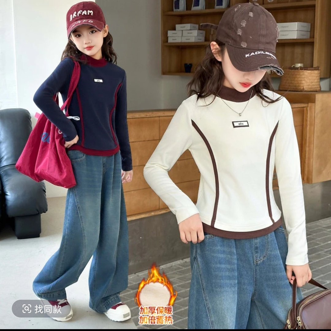 女童冬季allo贴标加绒短款辣妹打底衫A8