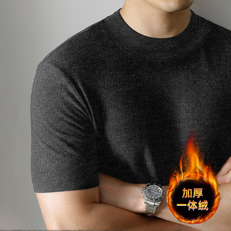 轻奢加厚一体绒小圆领短袖t恤男士冬季保暖半袖内搭小高领上衣男