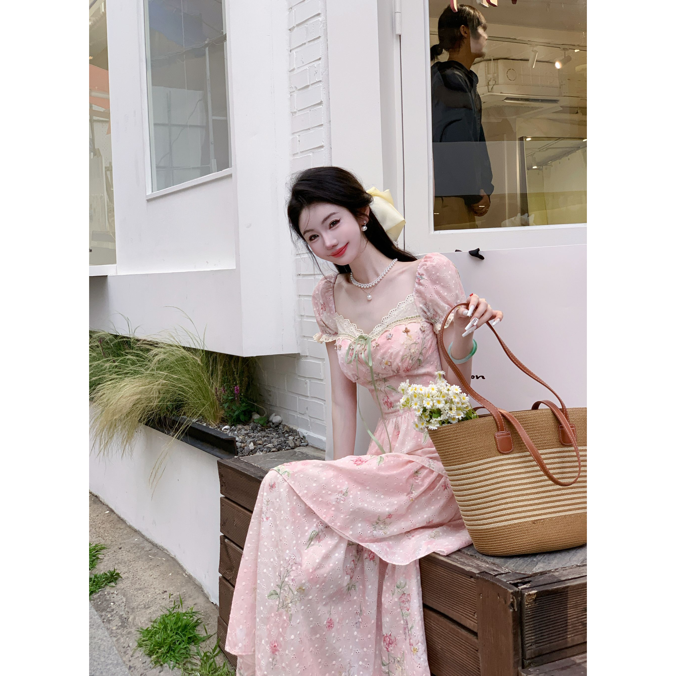 【雅乔定制】樱之花序短袖 方领泡泡袖刺绣蛋糕连衣裙DYTH-25043799