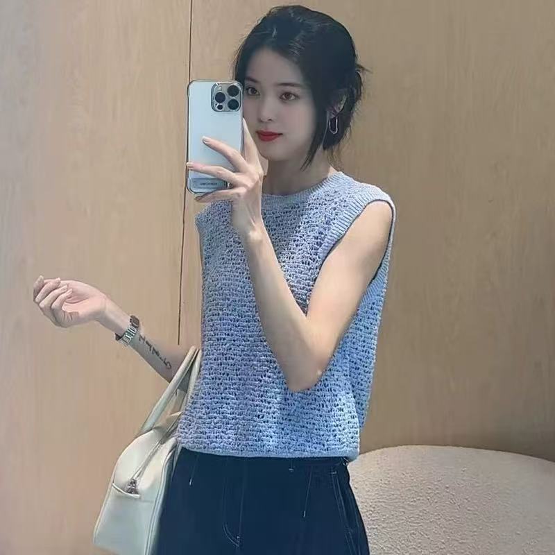 艾诺丝商场同款2025春夏季无袖镂空针织衫上衣女时尚百搭8102
