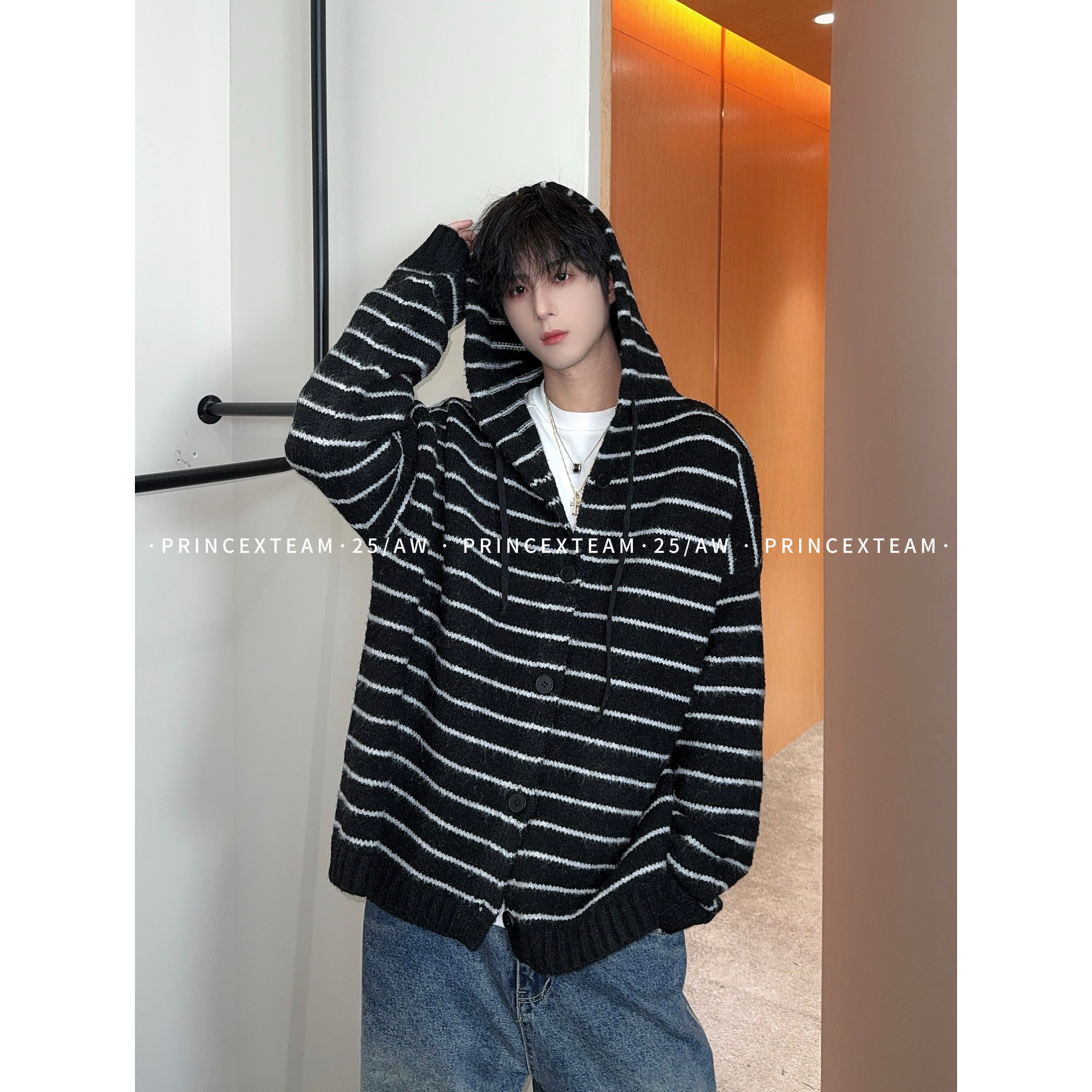 XT25新款条纹开衫连帽毛衣羊毛混纺上衣外套男女同款氛围感new