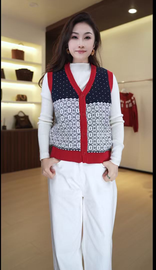 7704秋冬时尚V领无袖宽松休闲针织马甲