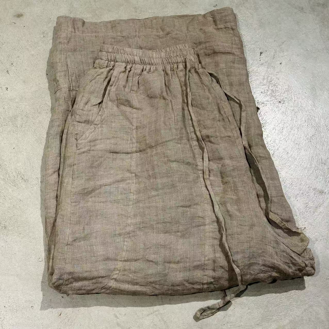 sn227复古色织双层抽绳系带休闲阔腿长裤