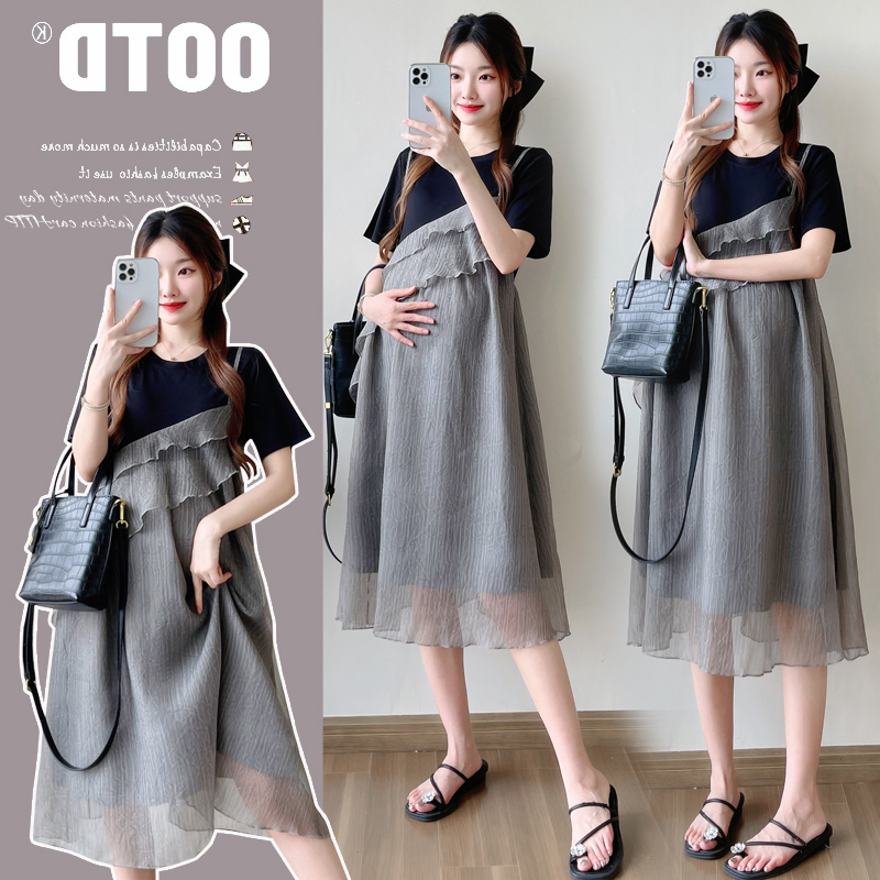 孕妇装2025夏季新款时尚洋气显瘦假两件拼接A版大码中长款连衣裙