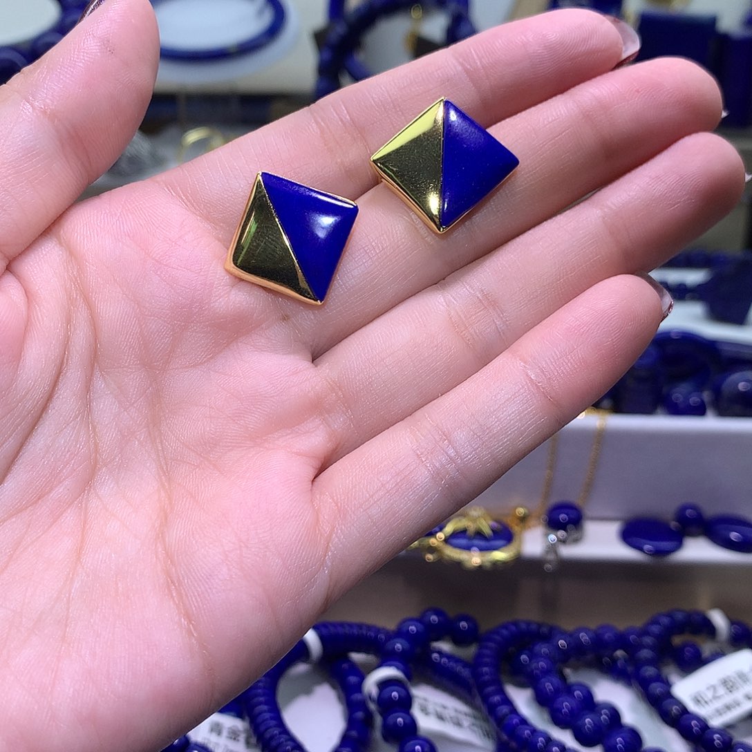 青金石合金天然原矿耳钉16m+