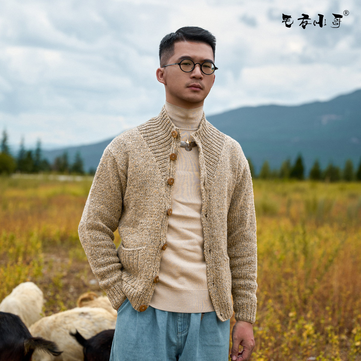 毛衣小哥秋冬彩线粗针翻领手工编织定制保暖针织羊毛长袖开衫男士