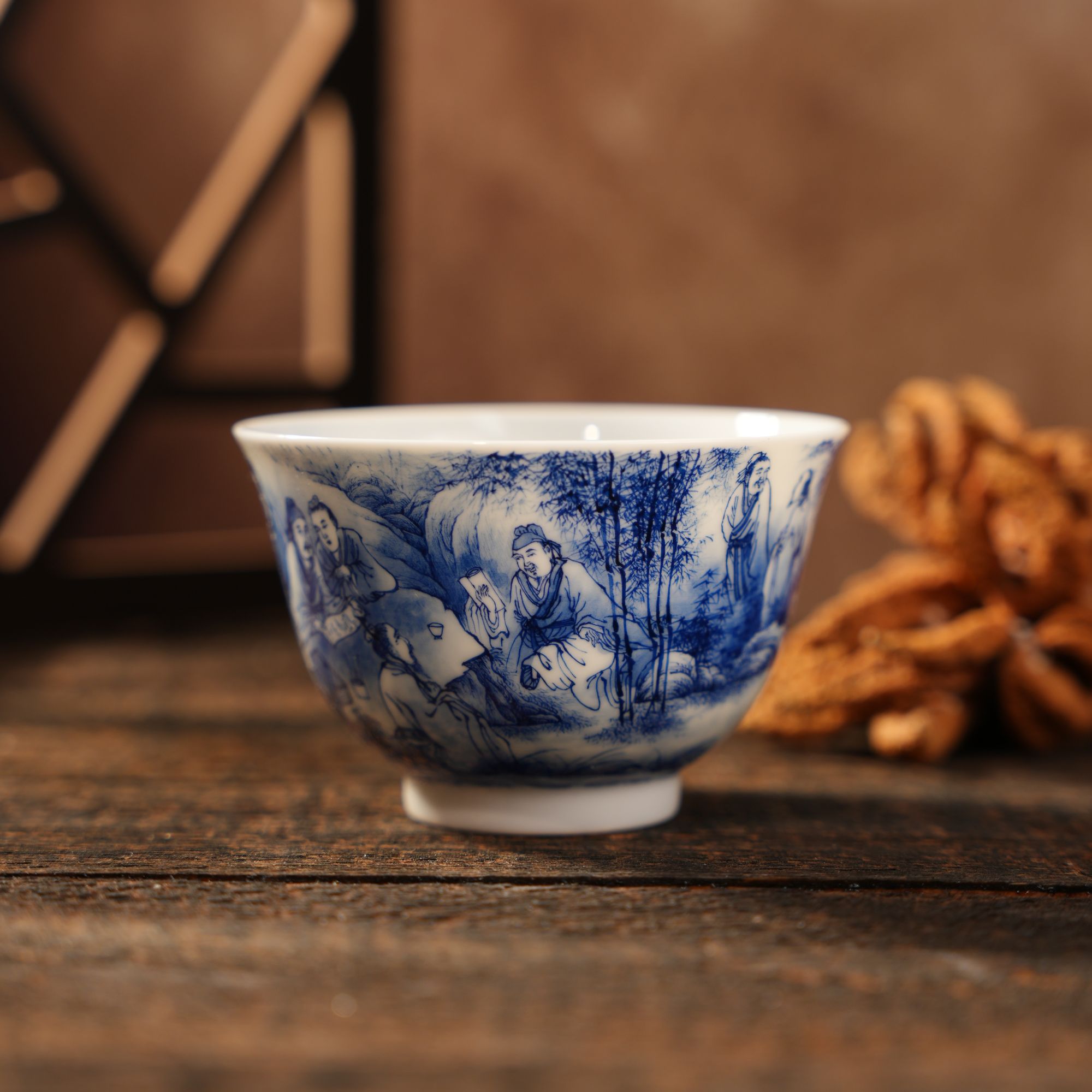 画堂春青花玉泥竹林七贤高档撇口杯