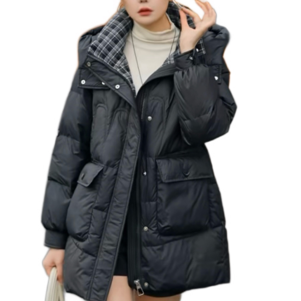 （宏09）时尚休闲高端大气拼接连帽80长鹅绒服