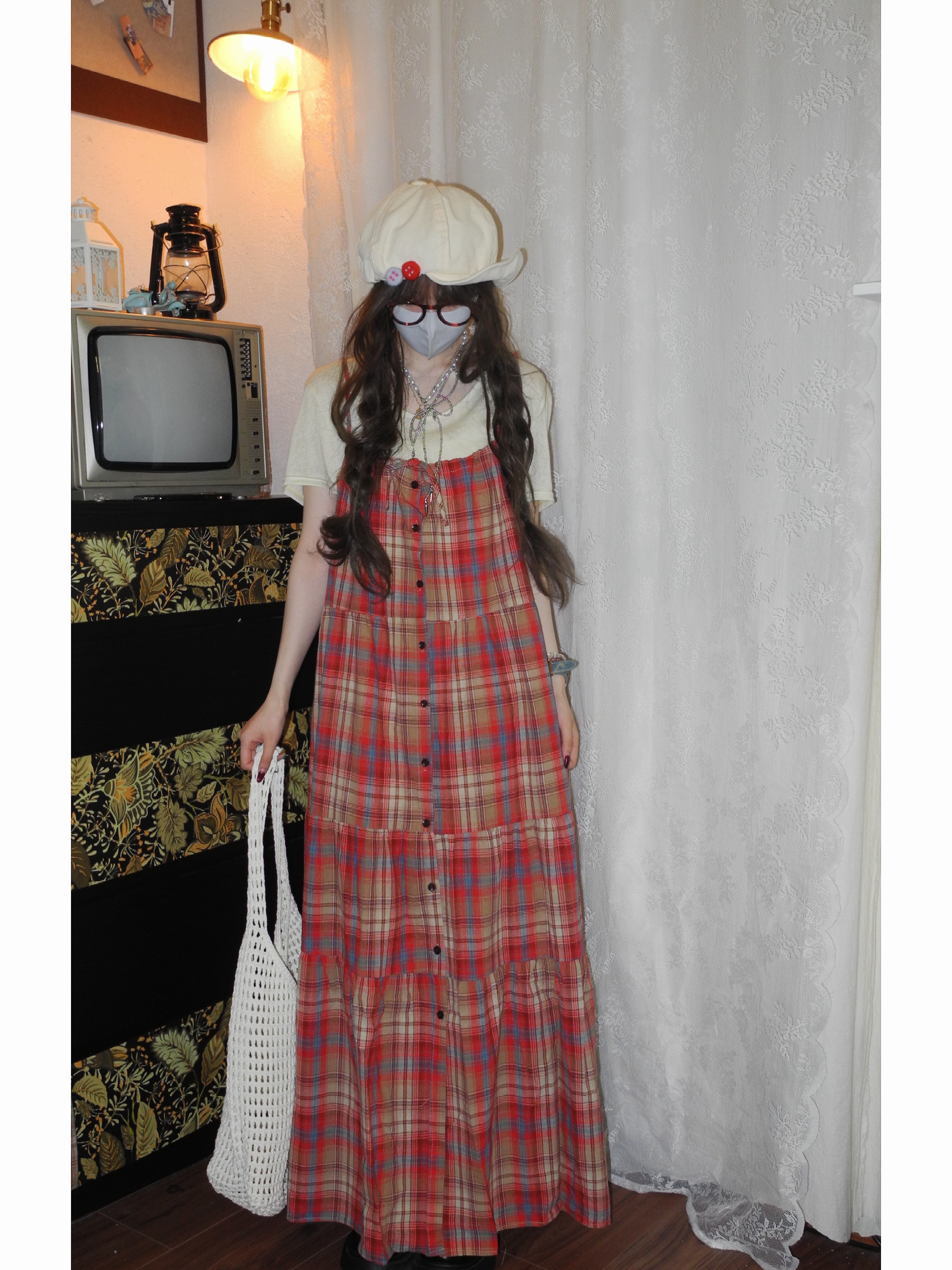 小众彩色显瘦格纹长款排扣夏季复古新款吊带裙