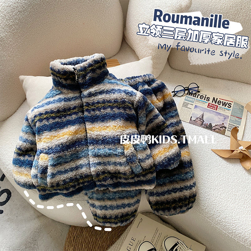 宝宝睡衣韩版冬装洋气男童三层加绒加厚家居服套装儿童保暖两件套