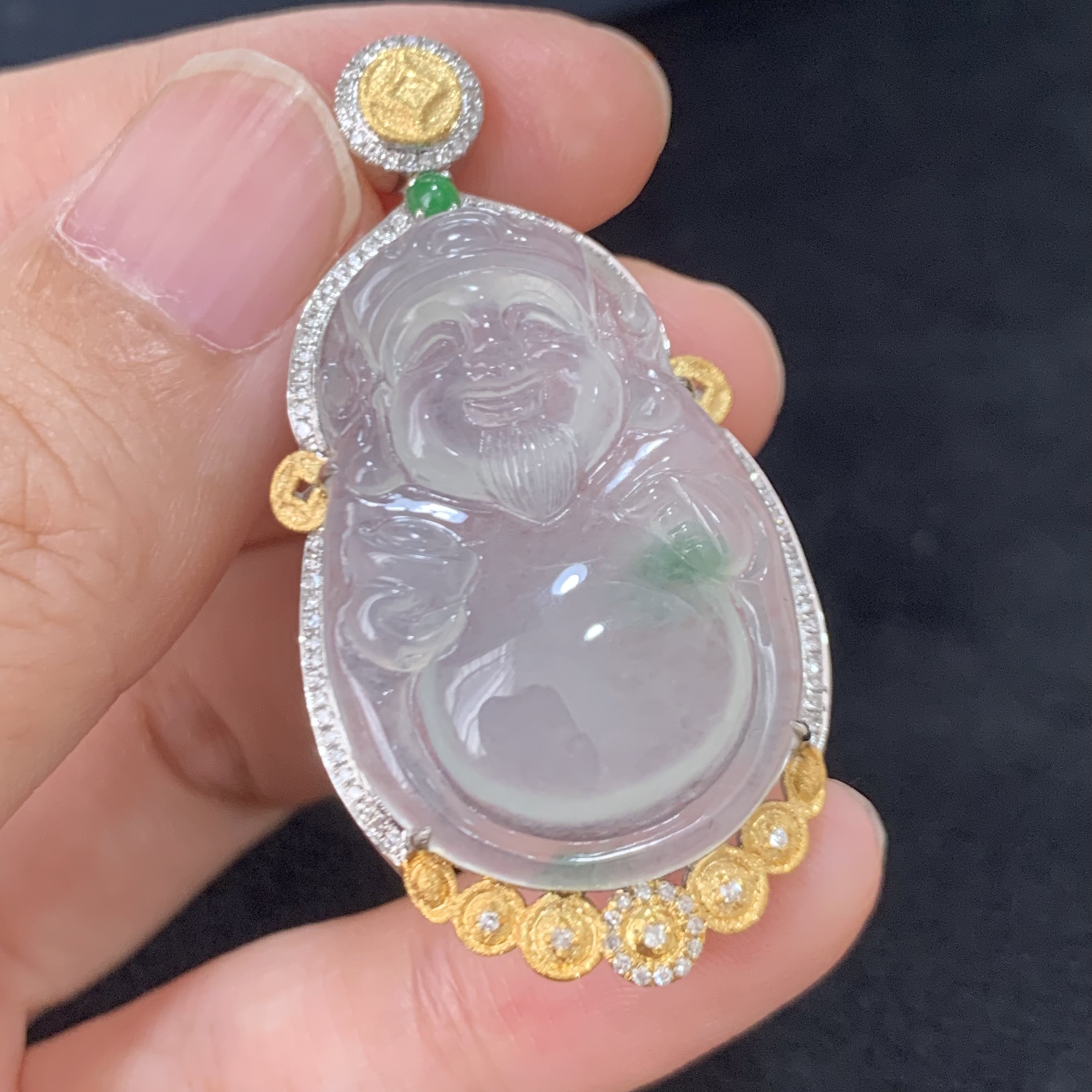 18k金镶嵌天然翡翠财神爷吊坠