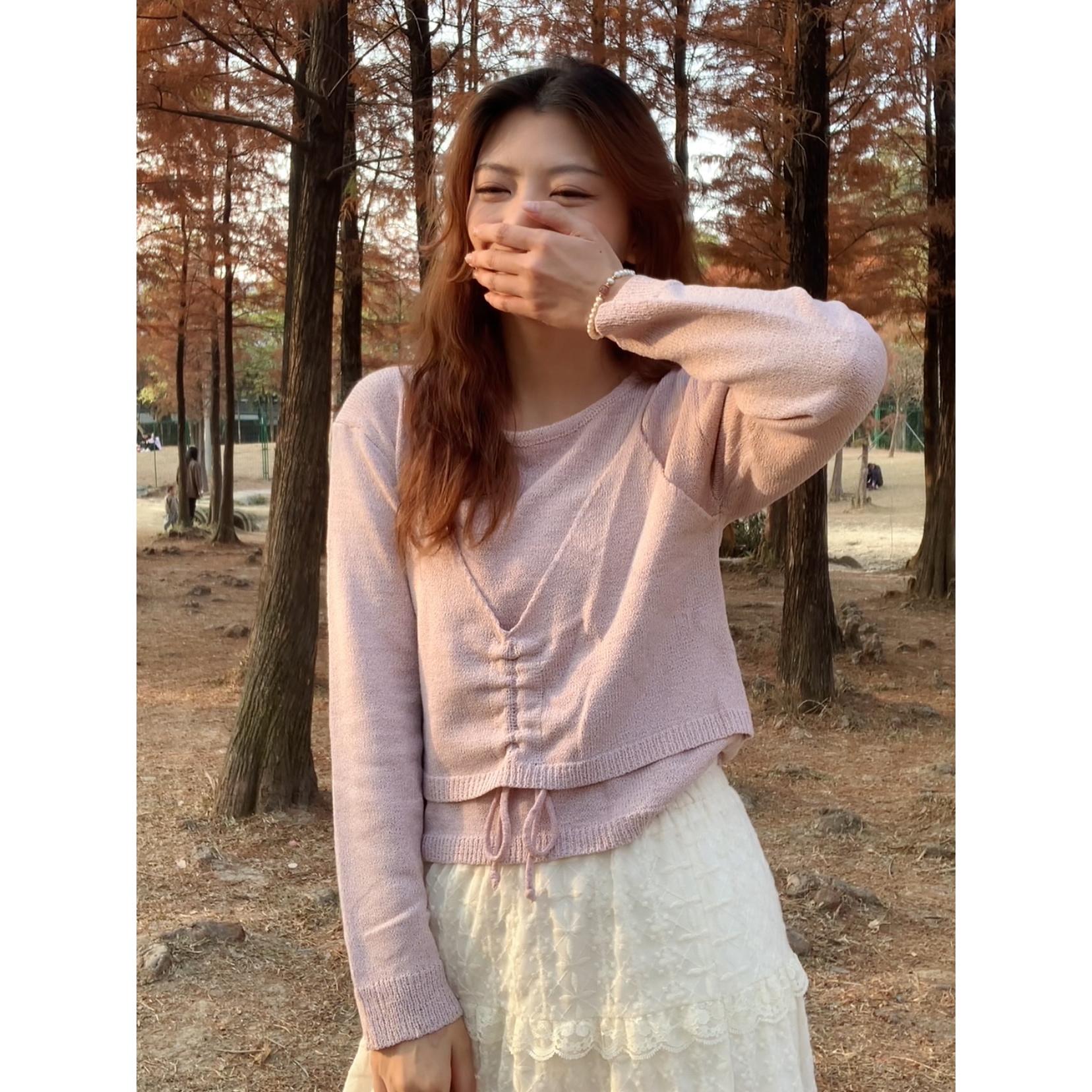 一颗晏 早春薄款抽绳假两件针织衫百搭女上衣2004