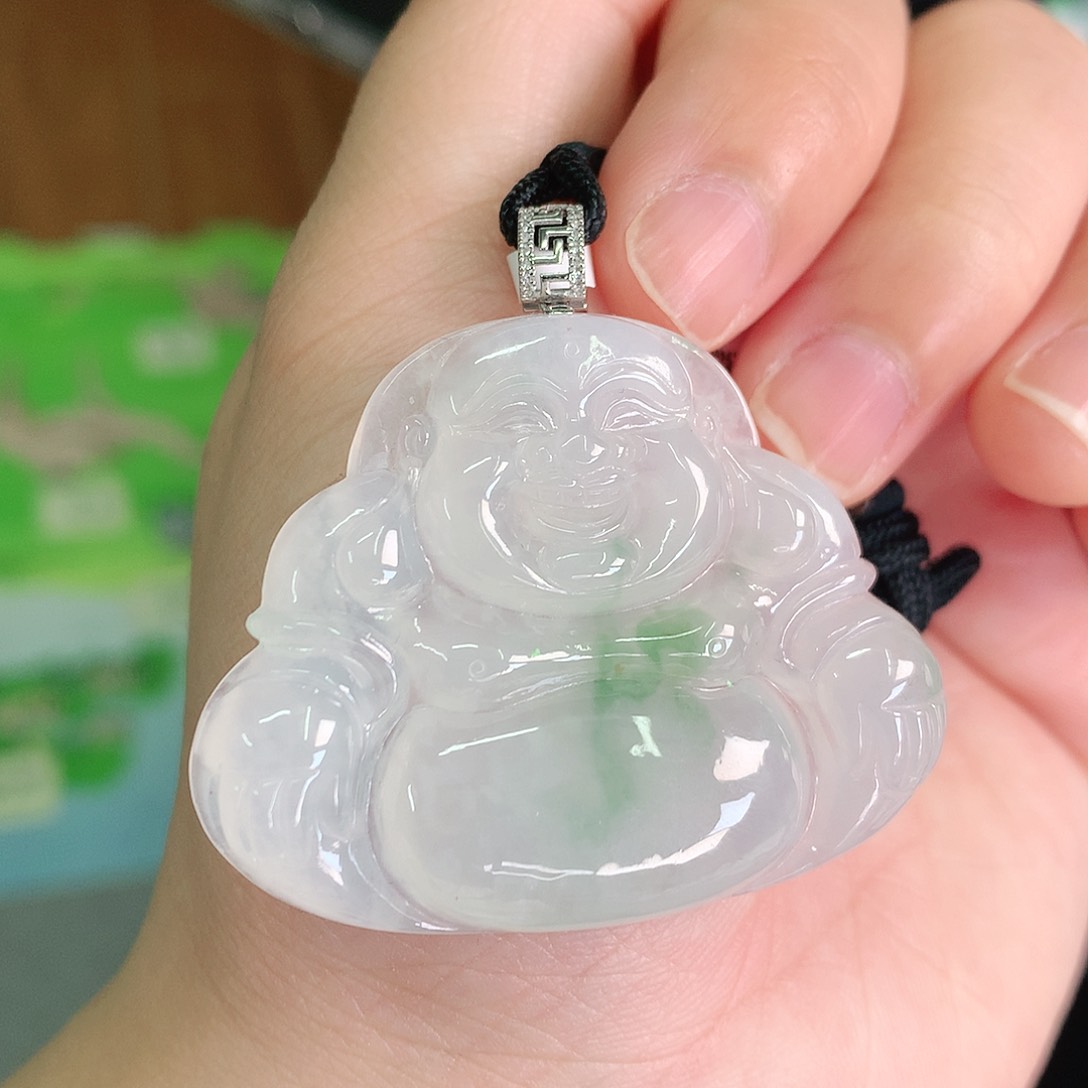 翡翠颈饰18K金镶嵌冰胶大飘绿佛公36*45*5.9